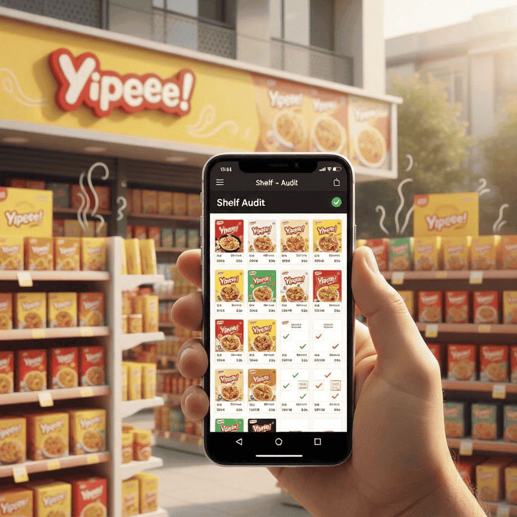 Retail merchandising dashboard showing shelf count, POSM execution, and store compliance